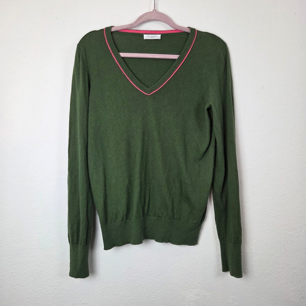 Equipment‎ Femme Women Green V-Neck Sweater S Cotton Blend Pink Trim Made in USA